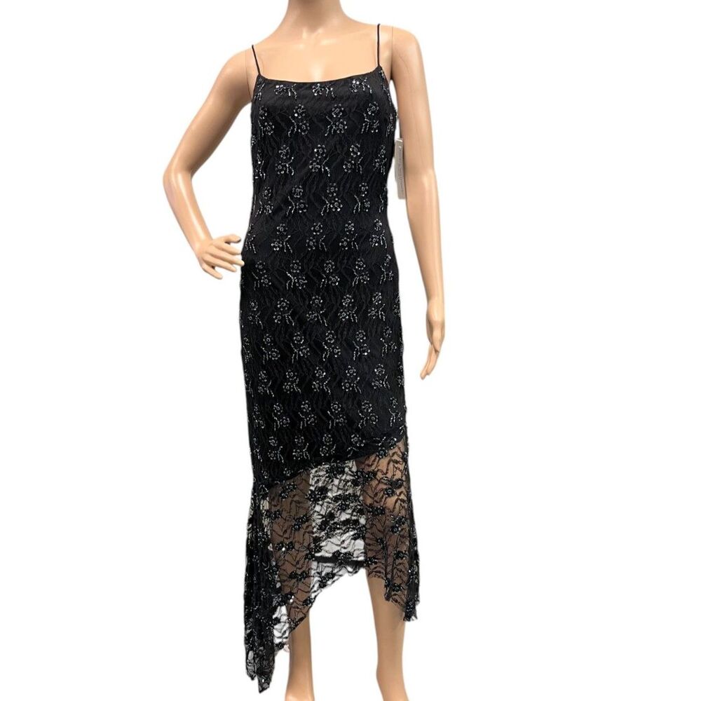 PAPELL BOUTIQUE Black Sequin Evening Illusion Gown Asymmetrical Hem Lace Sz 2